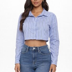 H&M Blue Striped Long Sleeve Crop Top – XS
